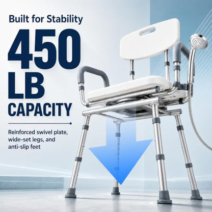 Swivel Shower Chair for Elderly and Disabled, Adjustable Height | 450 lb Shower Chair for inside Shower tub; Heavy Duty Shower Chair with Arms and back