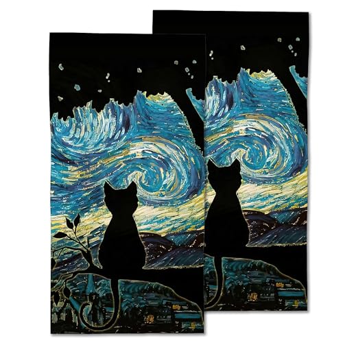 2 Pack Hand Towels for Bath,Black Cat Starry Night Decorative Towels Highly Absorbent Soft Towels for Bathroom Beach Kitchen Spa Gym Face Towel 14x28 Inch - color: Black Cat Starry Night