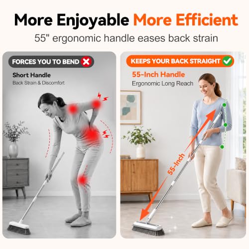 3-in-1 Floor Scrub Brush with 55” Long Handle, V-Shape & Squeegee | V-shape head,built-in squeegee,removable detail brush,55" long handle,stiff bristles,180°rotating,3-in-1 floor scrub brush