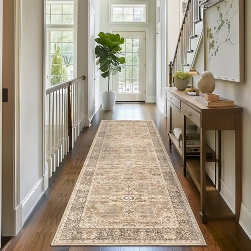2x6 Kitchen Runner Rug Beige Vintage Washable Runner Rugs for Hallway | Boho Hallway Runner Rug Low Pile Non-Slip Retro Distressed Long Rug Carpet for Entryway Bathroom Bedroom - color: Beige, size: 2'*6'(Runner)