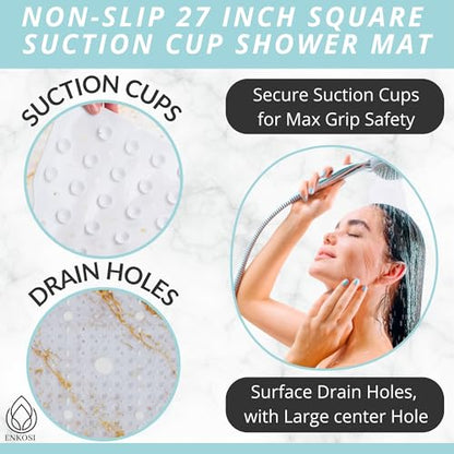 ENKOSI Square Shower Mat 27x27 inch - Anti Slip Shower Stall Floor Mat - Non Slip Shower Mats with Strong Secure Suction Cups and Drain Holes in Middle (27x27 Marble White Gold) - color: Marble White Gold