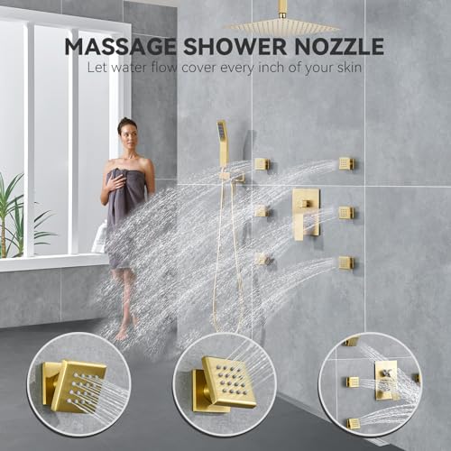 Rain Shower System With Complete 6 Pcs Body Sprays Jets And Pressured Balance Rough-in Valve,12Inch Rainfall Shower Head And Handheld, Modern Brushed Gold Ceiling Mount Shower Faucets Sets - color: Brushed Gold, style: Ceiling-Mount 6 Jets
