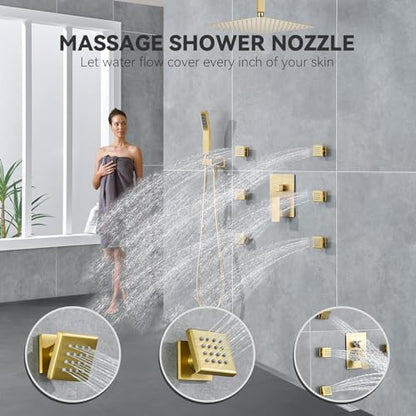 Rain Shower System With Complete 6 Pcs Body Sprays Jets And Pressured Balance Rough-in Valve,12Inch Rainfall Shower Head And Handheld, Modern Brushed Gold Ceiling Mount Shower Faucets Sets - color: Brushed Gold, style: Ceiling-Mount 6 Jets