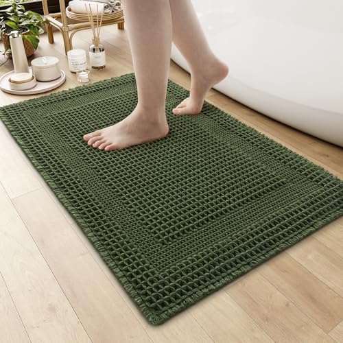 AMOAMI Waffle Bath-Mat, Absorbent Bath Mats for Bathroom Non Slip, Machine Washable Bathroom Rugs with Tassels Ultra Soft Boho Bath Rugs for Floor 24"x36" Dark Green - color: Dark Green, size: 24"x36"