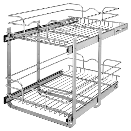 Rev-A-Shelf Pullout Organizer for Cabinets, Min Opening Width of 15" | Two-Tier Steel Shelf for Kitchen or Vanity Cabinet Organization, Heavy Gauge Wire Slide Out Storage Basket, 5WB2-1522CR-1 - size: 15"W x 22"D, style: Two Tier