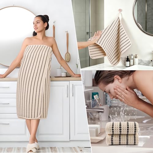 POLYTE 430 GSM Poly Blend Microfiber Quick Dry Waffle Bath Towel Set of 6 | 2-Body Towels, 2-Hand Towels, 2-Wash cloths, Oversize, Lint Free - color: Light Beige/Black