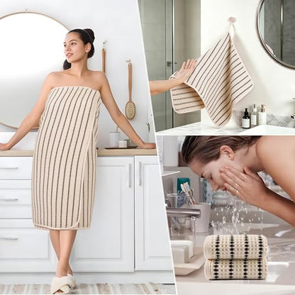 POLYTE 430 GSM Poly Blend Microfiber Quick Dry Waffle Bath Towel Set of 6 | 2-Body Towels, 2-Hand Towels, 2-Wash cloths, Oversize, Lint Free - color: Light Beige/Black