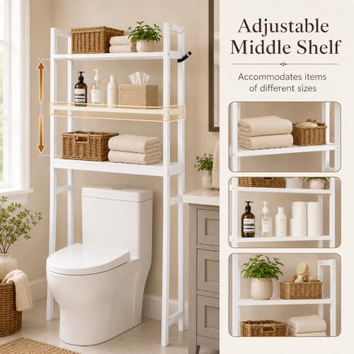 BAMBANG Over The Toilet Storage Rack, 3-Tier Over The Toilet Storage Shelf with 3 Hooks, Freestanding Above Toilet Bathroom Organizer Shelves for Space Saver Storage, Bamboo White