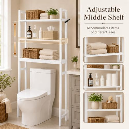 BAMBANG Over The Toilet Storage Rack, 3-Tier Over The Toilet Storage Shelf with 3 Hooks, Freestanding Above Toilet Bathroom Organizer Shelves for Space Saver Storage, Bamboo White