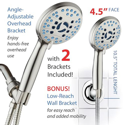 AquaCare 8-mode High Pressure Handheld Shower Head with 2-mode Power Wash | Stay Clean Nozzles, Dual Power Wash for Tub, Tile & Pets, Long 6 ft. Stainless Steel Hose, Wall & Overhead Brackets / Nickel - color: Satin Nickel, style: 2.5 Gallon Per Minute