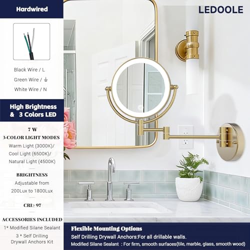 Lighted Magnifying Makeup Mirror Wall Mounted, 1/11X, Brushed Moderne Brass | 3 Color LED Lighting, Touch Dimming, Memory Function, Double Sided 8" Bathroom Vanity, Extension Arm 361 Rotation, Hardwired - color: Matte Black With Brushed Moderne Brass