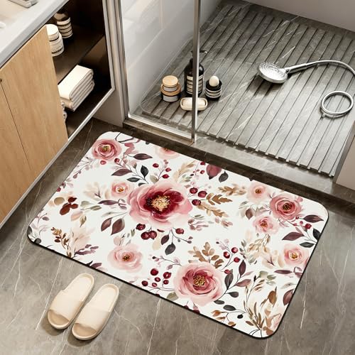 Non Slip Bath Mat,Pink Rose Bathroom Decor,Watercolor Flowers Diatomaceous Bath Mat Quick Dry Absorbent Bathroom Rugs-Shower Rug for Kitchen Laundry Bathtub Shower 17"x29.5" - color: Pink Rose,watercolor Flowers