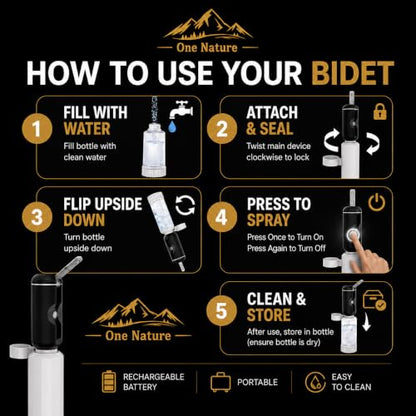 Travel Bidet, Portable Bidet Sprayer ONE NATURE 500mL/m IPX6 Waterproof Electric High Pressure Handheld Bidet Sprayer USB-C Rechargeable for Women Men Baby Bidet Peri Bottle Postpartum Clean (Black) - color: Black