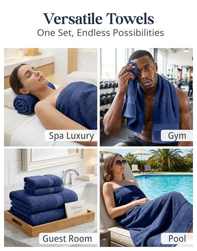 LANE LINEN Bath Towel Set Absorbent Quick Dry 100% Cotton 6 Piece - Navy | Cotton Towels For Bathroom - OEKO-TEX Certified, Ring-Spun Durability, Ring-Spun Cotton, Terry Weave Comfort - color: 06: Navy Blue