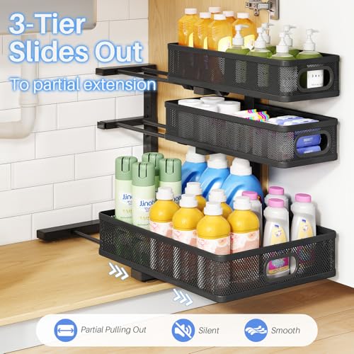 Under Sink Organizer, 3-Tier Thickened Metal Pull out Cabinet Organizer Shelf, Height Adjustable Slide out Storage Drawer Rack for Kitchen Bathroom Pantry Laundry Home Organization, 2-Pack, Black | 35% More Storage Capacity, Carbon Steel, Hold Up 55lbs, S