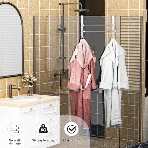 Frameless Glass Door Shower Towel Rack, Double Bar, 8 Hooks, Silver Steel | Drill-free Bathroom Towel Rack with Silent Scratch-free Pads, Ample Storage, Heavy Duty, Waterproof, Rustproof & Easy Setup