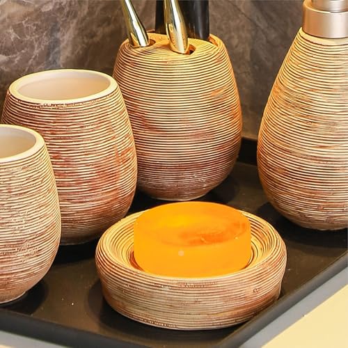 Bathroom Ceramic Accessories Set, 5 Piece Bathroom Set with Including Soap Dispenser, Mouthwash Cup, Soap Dish, Toothbrush Holder (Brown) - color: Brown