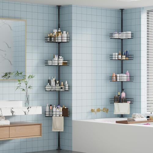 4-Tier Corner Shower Caddy Tension Pole, Adjust Bathroom Organizer Shelves | 76"-110" Adjustable Rustproof Bathroom Shelves, Shelves with Built-In Towel Bars, Space-Saving Design