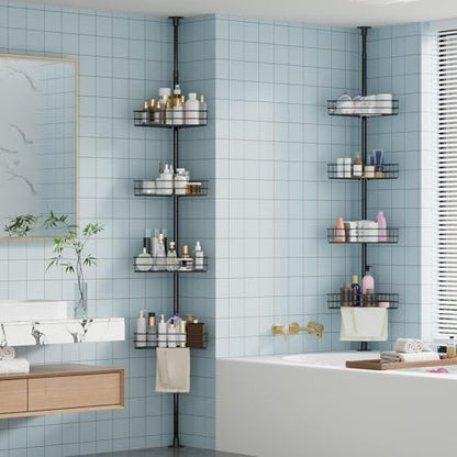 4-Tier Corner Shower Caddy Tension Pole, Adjust Bathroom Organizer Shelves | 76"-110" Adjustable Rustproof Bathroom Shelves, Shelves with Built-In Towel Bars, Space-Saving Design