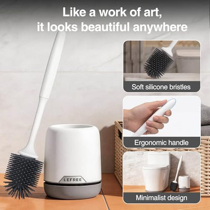 Silicone Toilet Brush and Holder, Bathroom Cleaner Brush Set, Non-Slip Handle Toilet Bowl Brush with TPR Soft Bristle, Wall Mounted/Floor Standing | Bathroom Cleaner Brush Set, Non-Slip Handle Toilet Bowl Brush with TPR Soft Bristle, Wall Mounted/Floor St