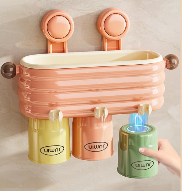 Toothbrush Holder for Bathroom,3 Cups Toothbrush Holder Set Wall Mounted, Ideal Bathroom Accessories Organization (Cream Powder) - color: Cream Powder
