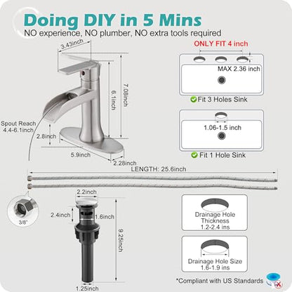 Bathroom Waterfall Faucet Single Handle, Brushed Nickel Faucet Bathroom Brass 1 Hole or 4 Inch 3 Hole Bathroom Sink Faucet, Restroom Faucets for Sink with Drain & Deck Plate for Hotel Apartment - color: Brushed Nickel - Modern