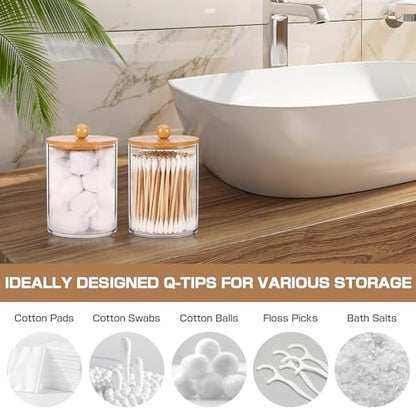 Bamboo Bathroom Accessory Set 5 Pcs, Boho Bathroom Accessories Sets Complete, Clear Bath Soap Dispenser and Toothbrush Holder Set, Soap Dish, Cotton Swab Jar, Boho Organizer - color: Clear