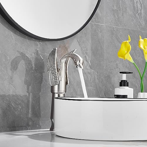 Brushed Nickel Swan Shape Single Handle 1Hole Bathroom Vessel Sink Faucet Deck Mount Lavatory Sink Faucet - color: Brushed Nickel, size: Tall