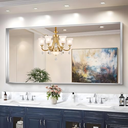 CIRCUMI Silver Bathroom Mirror, 72"x36" Rectangular Mirror for Vanity | Deep Metal Frame, Brushed Finish, Shatter proof, Tempered Glass, Installed Vertically/Horizontally, Mirror for Wall,Over Sink - color: Squared Corner Silver, size: 72"L x 36"W