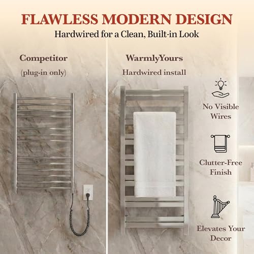 WarmlyYours Milan Heated Towel Rack, 14 Bars, Polished Steel | Wall-mounted hardwired electric towel warmer for spa-like comfort and luxury bathroom upgrade, dries multiple towels