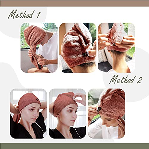 myHomeBody Hair Towel Wrap, Quick Drying Turban, Absorbent Cap – Cinnamon | Hair Turban Towel for wet hair, Ultra Soft Charcoal Fiber Cap, Towel Head Wrap for bathing with Coconut Shell Button - color: Cinnamon