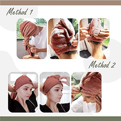 myHomeBody Hair Towel Wrap, Quick Drying Turban, Absorbent Cap – Cinnamon | Hair Turban Towel for wet hair, Ultra Soft Charcoal Fiber Cap, Towel Head Wrap for bathing with Coconut Shell Button - color: Cinnamon