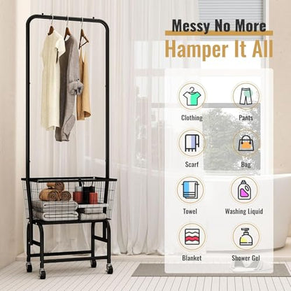 ALIMORDEN Rolling Laundry Cart with Hanging Rack & Metal Basket, Black | 360° Lockable Casters, Wire Laundry Basket Cart, Hanging Rack, Powder Coated Frame for Laundry Room & Bedroom Storage - color: Black