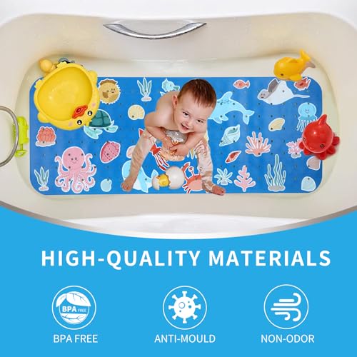 Bath Tub Shower Mat Non Slip Kids Bathtub Mat Anti Slip Baby Bath Mat for Tub 40 x 16 Inch Extra Long Toddler Bath Mat with Suction Cups and Drain Holes for Bathroom Floor,Machine Washable,Octopus - color: Octopus