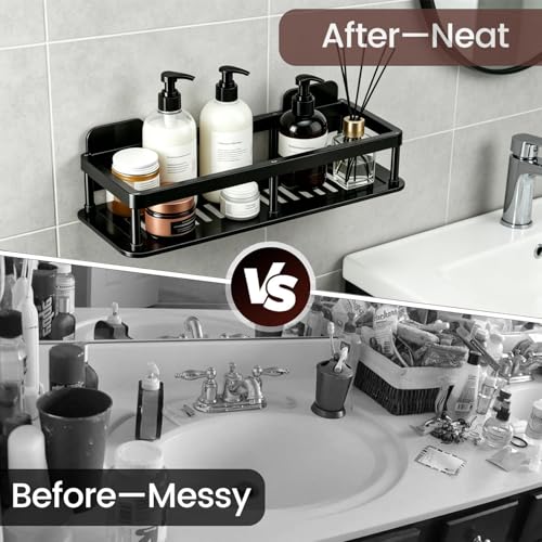 Corner Shower Caddy, 2 Pack No Drill Adhesive Shower Storage Shelves, Wall Mounted Bathroom Organizer Shelf with 2 Removable Hooks for Bathroom Kitchen
