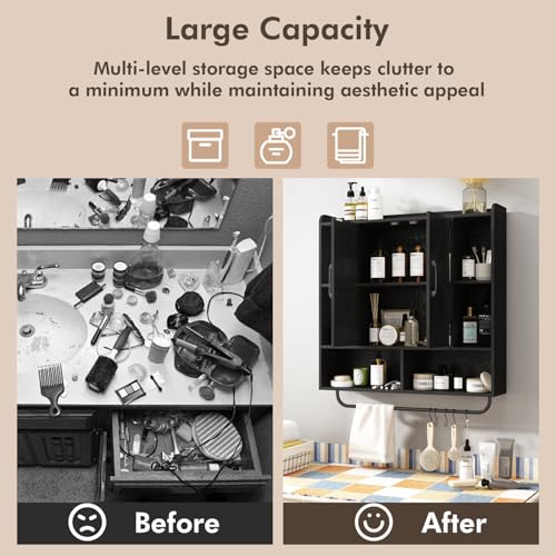 RUSTOWN Rustic Bathroom Wall Storage Cabinet with 2 Barn Doors, Black | Farmhouse Medicine Cabinet, Wall Mounted, Space Saving, 3-Tier Adjustable Shelves, Towel Bar, 5 Hooks