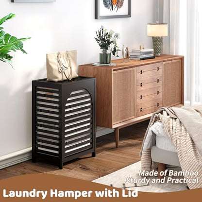 Laundry Hamper with Lid (16.9 * 13 * 26.5inches) Large Bamboo Laundry Bin Basket 85L Clothes Hamper with 1 Removable Bag Storage baskets for Bathroom(Black) - color: Black