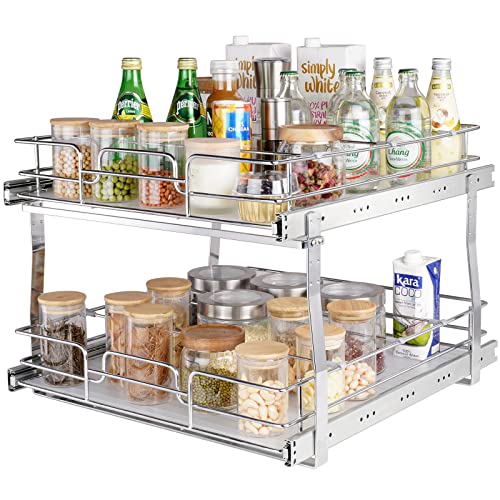 VEVOR 2 Tier 20"Wx21.2"Dx15.2"HPull Out Cabinet Organizer, Heavy Duty Slide Out Pantry Shelves, Steel Roll Out Drawers, Sliding Drawer Storage for Home, 21.5"Wx22.5"Dx19"H Install Size for Cabinet - size: 20"Wx21.2"Dx15.2"H