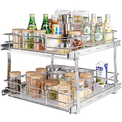 VEVOR 2 Tier 20"Wx21.2"Dx15.2"HPull Out Cabinet Organizer, Heavy Duty Slide Out Pantry Shelves, Steel Roll Out Drawers, Sliding Drawer Storage for Home, 21.5"Wx22.5"Dx19"H Install Size for Cabinet - size: 20"Wx21.2"Dx15.2"H