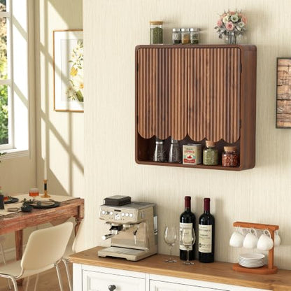 Fluted Bathroom Wall Cabinet, Wooden Bathroom Organizers, Scalloped Over The Toilet Storage Cabinet with Adjustable Shelf, Medicine Cabinets Wall Mounted for Bathroom, Laundry Room(Walnut) - color: Walnut