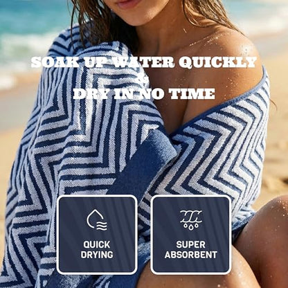 White Classic Cotton Beach Towels Oversized 35 x 70 Inches, Ultra Absorbent and Low Lint Luxury Pool Towels, Chevron Design, Navy Blue, 2 Pack - color: Chevron Navy Blue