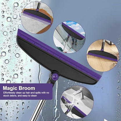 Broom and Dustpan Combo Set, 51" Long Handle Broom with Squeegee | Wet & Dry Cleaning for Pet Areas, Built-in Comb Dustpan, Foldable Space-Saving Storage, Multi-Surface Floor Cleaning - color: Purple