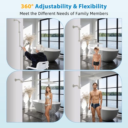 All-Metal 20" Shower Head Extension Arm, G1/2" Universal, Brushed Nickel | Flexible Brass Shower Extender Height/Angle Adjustable for Tall People, Stainless Steel Shower Pipe Extended with Lock Joint - color: Brushed Nickel, size: 20 Inch