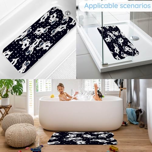Bathtub Mats for Kids, Black Astronaut Bath Mat for Tub Non Slip, 40 X 16 Inch Large Washable Bathtub Mat Non Slip for Showers with Drain Holes and Suction Cups - color: Black Astronaut
