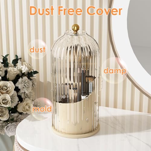 YOOLENS Makeup Brush Holder with Lid 360 Rotating Clear Dustproof Make Up Organizers for Vanity Bathroom Countertop, White Beige - color: White/Beige