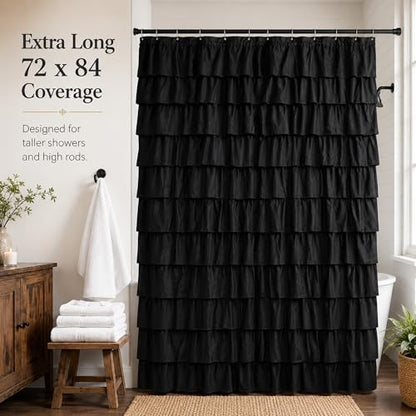 Black Gothic Shower Curtain for Bathroom, Extra-Long 72 x 84 inch, Ruffle | Cascading Layered Ruffles, 72x84, 8ft, 12 Plastic Hooks Included, Machine Washable, Soft Brushed Microfiber Fabric - color: Black, size: 72"W x 84"L (Pack of 1)