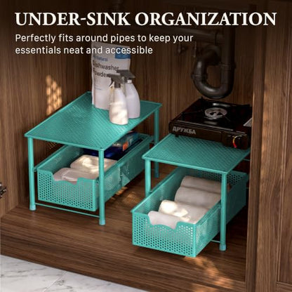 Simple Houseware Stackable Under Sink Sliding Basket Drawer, Turquoise | Perforated Free Standing Organizer, Kitchen/Pantry/Cabinet/Counter - color: Turquoise