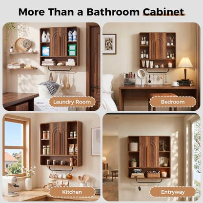weselon 31.5" Bathroom Medicine Cabinet with Storage, Wall Mounted Over Toilet Cabinet with Towel Bar & 5 Hooks, Arched Fluted Double Doors, Adjustable Shelves & Open Storage (Walnut)