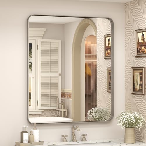 24x28 Inch Silver Brushed Nickel Bathroom Mirror | Metal Framed Silver Vanity Mirror for Wall, Rounded Rectangle, Shatterproof, Anti- Rust, Horizontally or Vertically Mounted - color: Silver, size: 28"L x 24"W