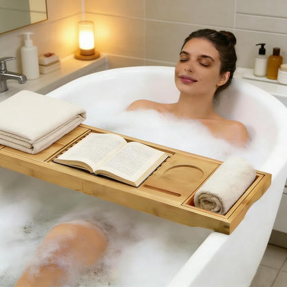 70-105CM Extendable Bamboo Bathtub Tray Caddy with Cup Holder for Spa | Non-Slip Pads, Book Stand, Wine Glass Holder, Fits Most Bath Tubs